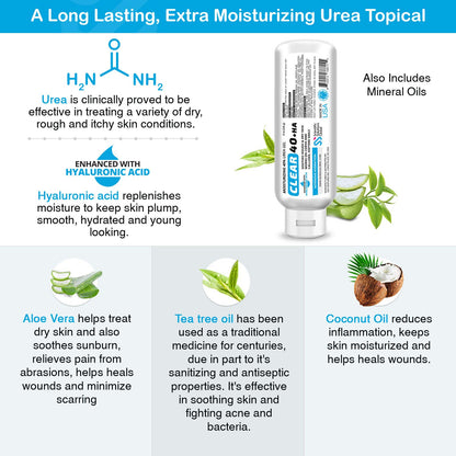 CLEAR 40 HA, 40% Urea Gel, 1% Hyaluronic Acid, 8 oz w/ Tea Tree & Coconut Oil