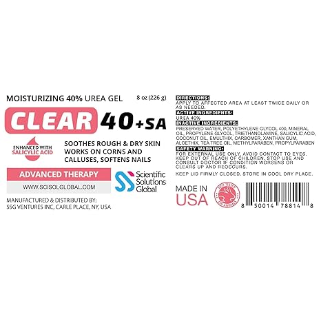 CLEAR 40 +SA, 40% Urea Gel + 2% Salicylic Acid, 8 oz w/Tea Tree & Coconut Oil