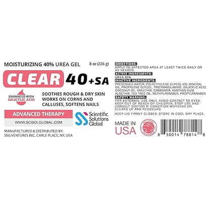 CLEAR 40 +SA, 40% Urea Gel + 2% Salicylic Acid, 8 oz w/Tea Tree & Coconut Oil