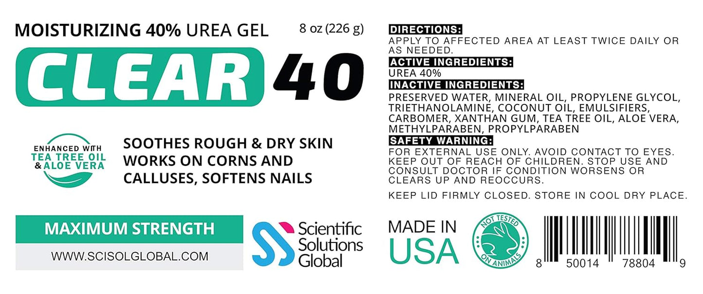 Clear 40, 40% Urea Gel, 8 oz w/Tea Tree & Coconut Oil
