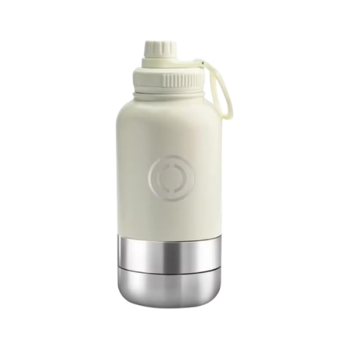 OSC Insulated Water Bottle with Detachable Travel Bowls for Pets & Humans Vanila 32 Oz