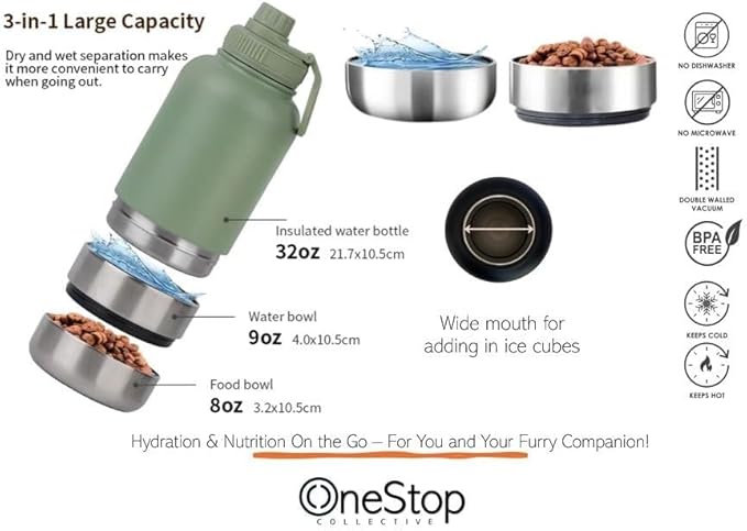 OSC Insulated Water Bottle with Detachable Travel Bowls for Pets & Humans