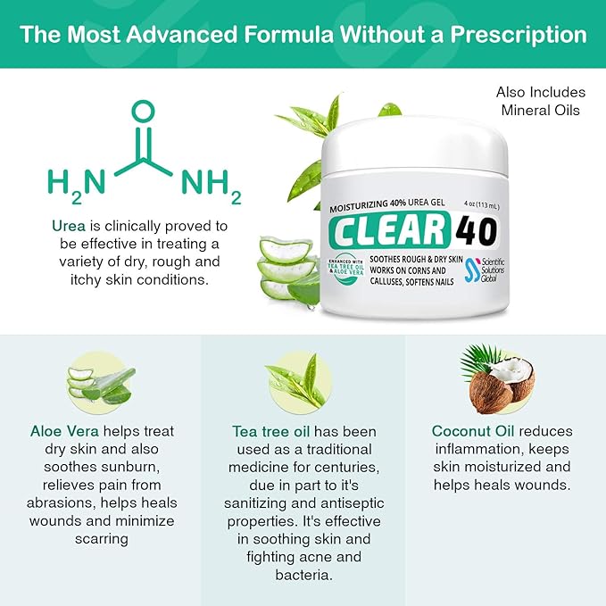 CLEAR 40, 40% Urea Gel, 4 oz w/Tea Tree & Coconut Oil, Aloe Vera Extract