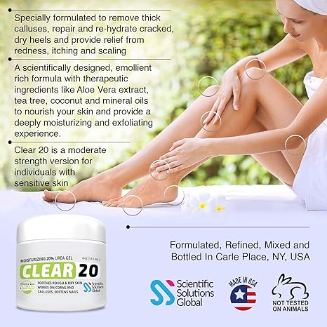 CLEAR 20, 20% Urea Gel, 4 oz w/ Tea Tree & Coconut Oil, Aloe Vera Extract